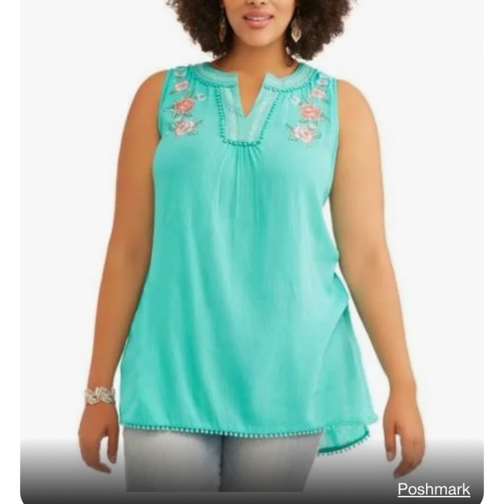 WHISPERS SLEEVELESS BOHO TOP FLORAL TURQUOISE EMBROIDERED NWOT